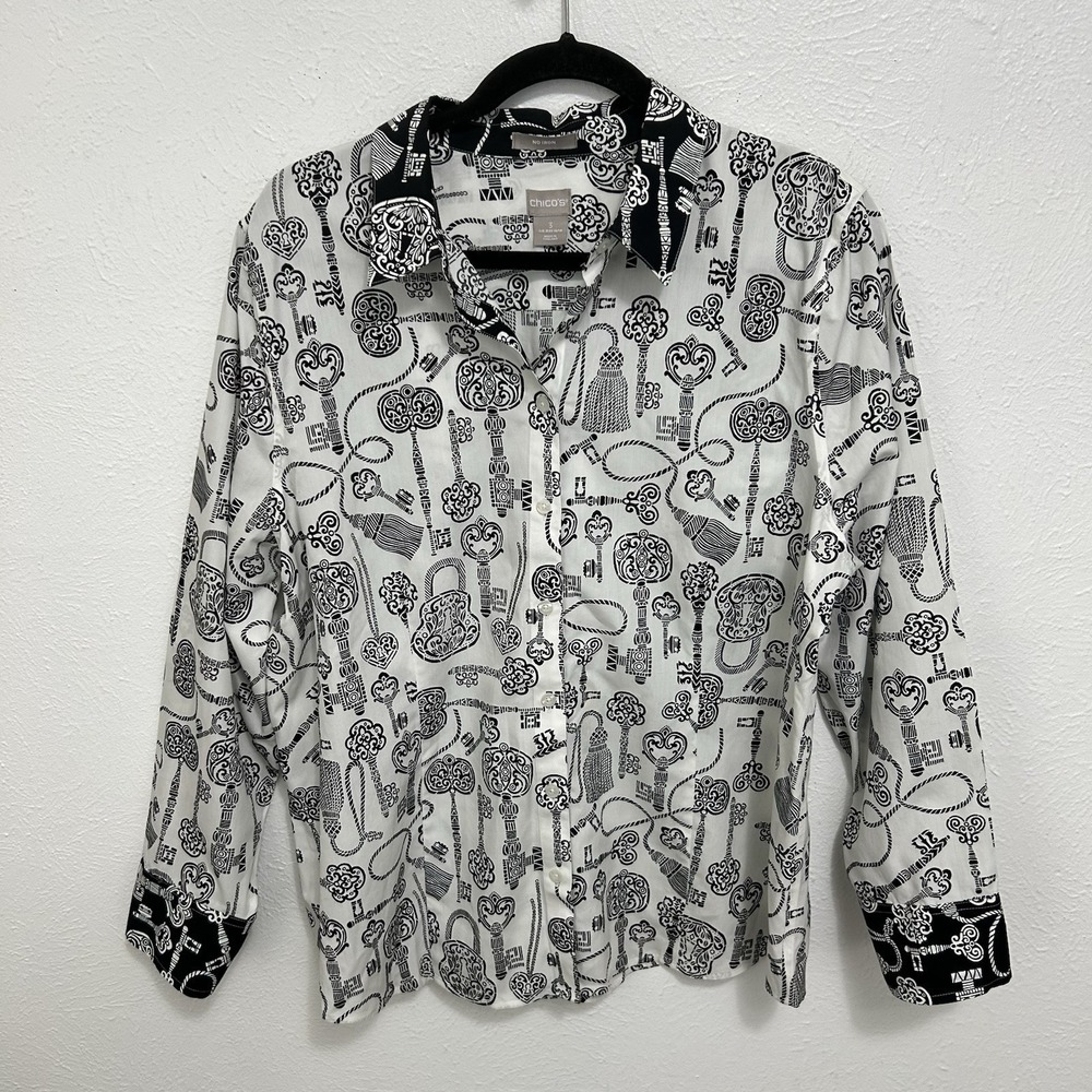Chico's Black White Keys Print Geometric Shirt Blouse Button Front No Iron 3 /XL